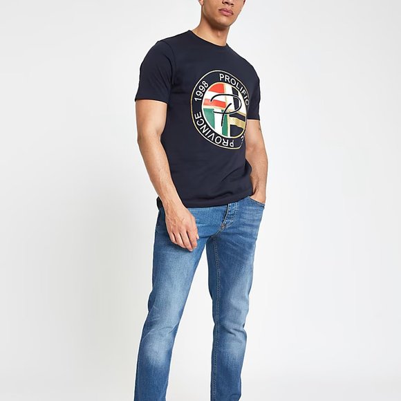 River Island Men's Navy 'Prolific' Embroidered Print Short Sleeve T-Shirt - Picture 1 of 4